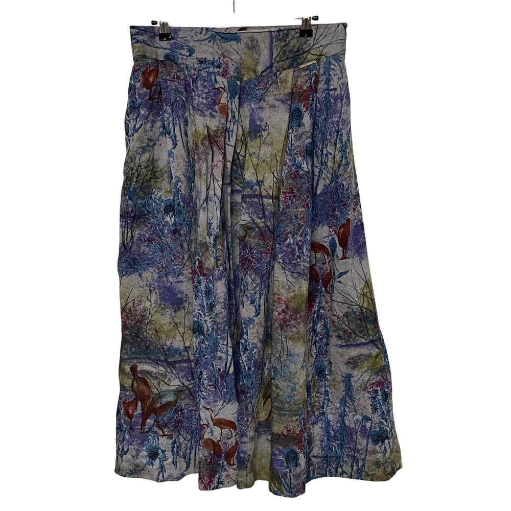 Vintage Geiger Austria Wool Skirt SZ 6 Heron Crane Print Pleated‎ Midi Artsy